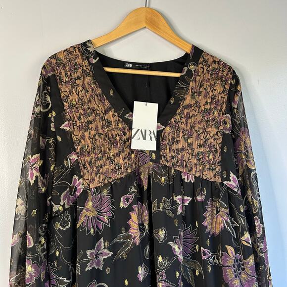 NWT Zara Chiffon Dark Floral Tiered Women’s Medium Black Long Sleeves Whimsical - Picture 4 of 9